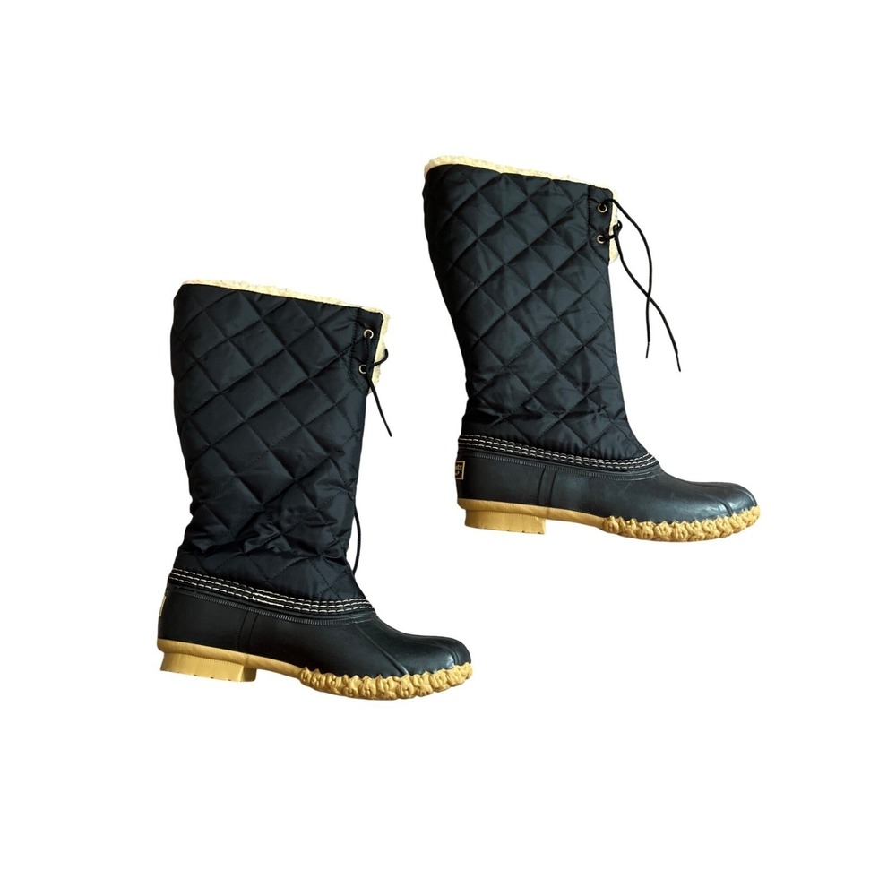 LL Bean Womens Quilted Tall Duck Boots Black Faux Shearling Lined Size 7 M